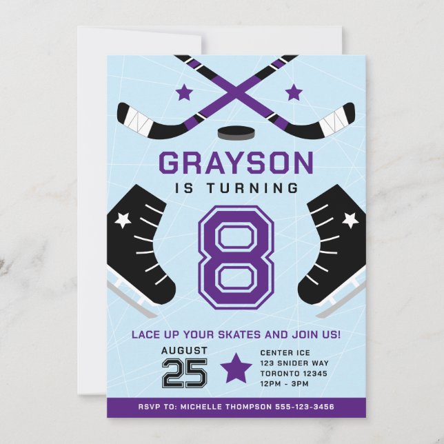 Ice Hockey Kids Birthday Party Purple Invitation (Front)