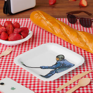 Ice Hockey Player in Blue Uniform Paper Plate