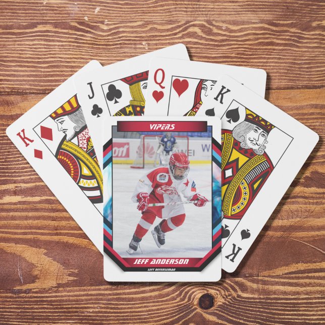Ice Hockey Player Keepsake On Cool Red Custom Playing Cards (Capture the excitement of the ice hockey sport with this dynamic and customizable red,black cards)