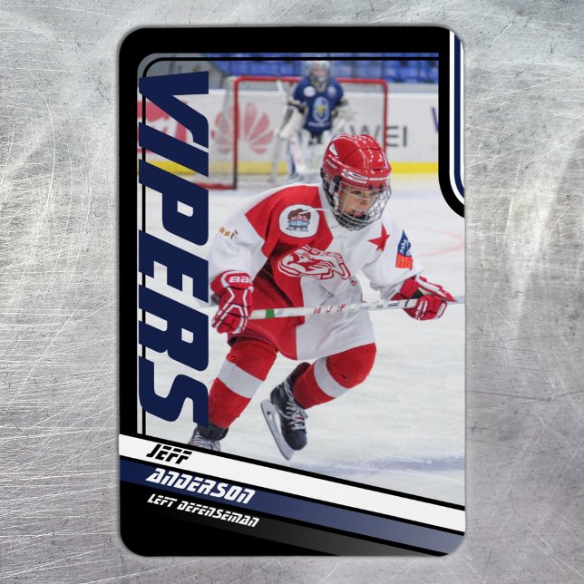 Ice Hockey Player Keepsake On Dynamic Blue  Magnet (Ice Hockey: Sleek blue and black magnet featuring customizable player image and team name.)