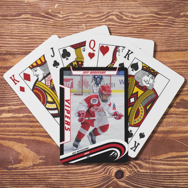 Ice Hockey Player Keepsake On Lively Red Custom Playing Cards (Red playing cards capturing ice hockey memories. Ideal souvenir or gift for fans!)