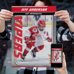 Ice Hockey Player On Customisable Red Metal Poster