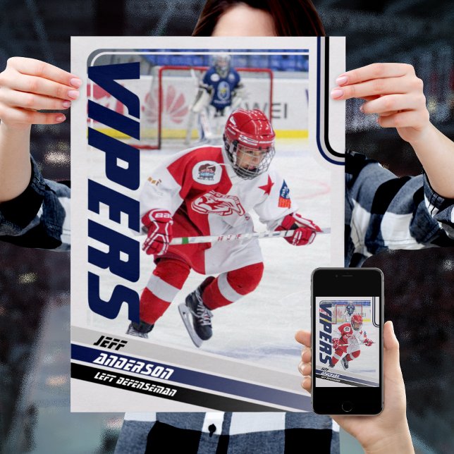 Ice Hockey Player On Customizable Blue Poster (Unleash the ultimate power of customization with our blue and black ice hockey Poster)
