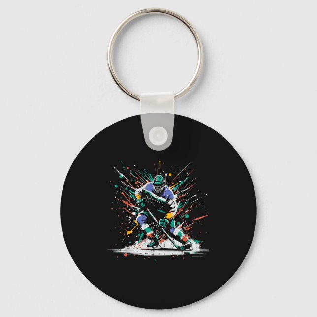 Ice Hockey Player Paint Splatter Art Srts Men Boys Key Ring (Front)