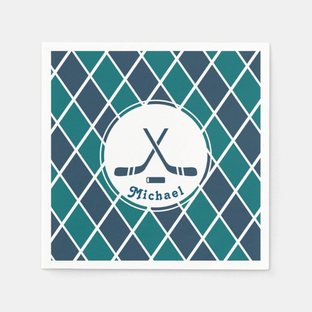 Ice Hockey Pucks Personalised Striped Blue & Green Napkin (Front)