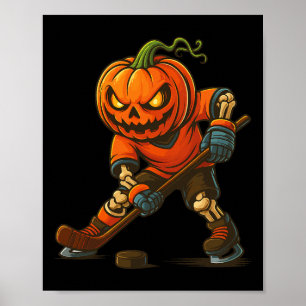 Ice Hockey Pumpkin Face Halloween Skeleton Pumpkin Poster