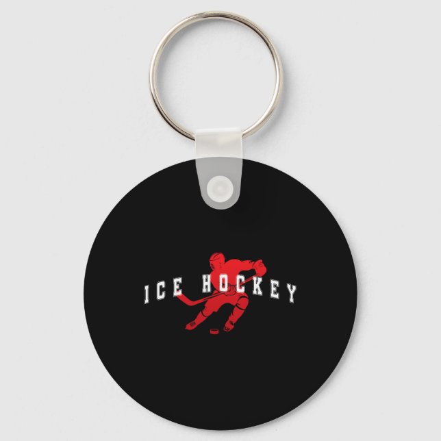 Ice Hockey Red Team Player Varsity Text  Key Ring (Front)