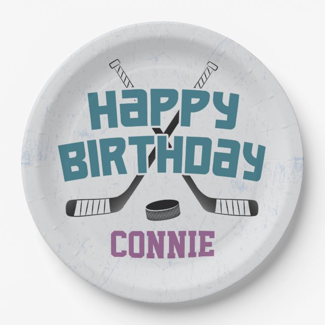 Ice Hockey Skate Rink Purple Happy Birthday Paper Plate (Front)