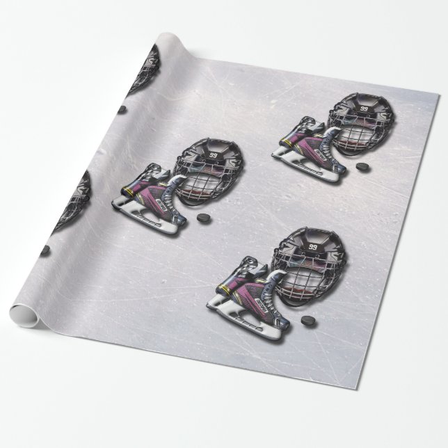Ice Hockey Skates Helmet Puck With Name And Number Wrapping Paper (Unrolled)
