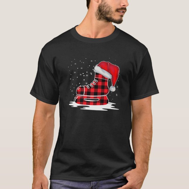 Ice Hockey Skates Red Plaid Group Christmas Party T-Shirt (Front)