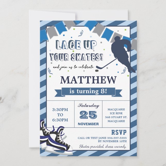 Ice Hockey Skating Boy Birthday Party Invitation (Front)