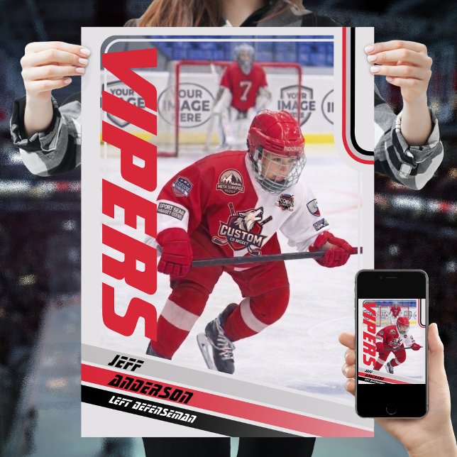Ice Hockey Trading Card  Poster (Unleash the ultimate power of customization with our red and black ice hockey Poster)