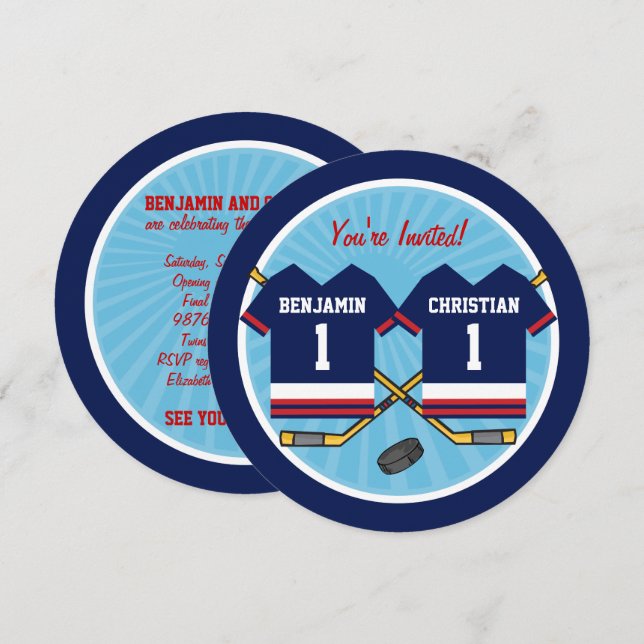 Ice Hockey Twins Jersey 1st Birthday Party Invitation (Front/Back)