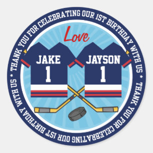 Ice Hockey Twins Jersey 1st Birthday Thank you Classic Round Sticker