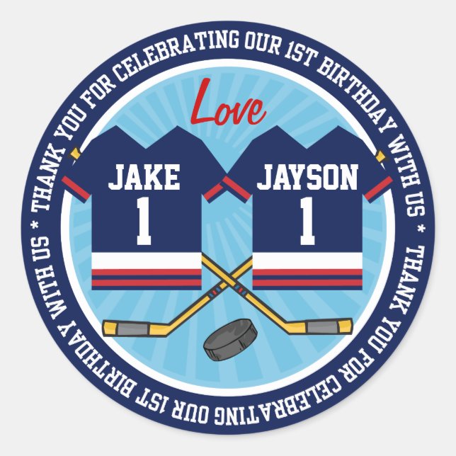 Ice Hockey Twins Jersey 1st Birthday Thank you Classic Round Sticker (Front)