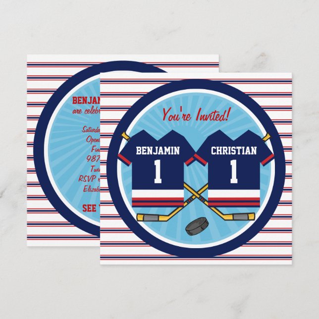 Ice Hockey Twins Jersey V2 1st Birthday Party Invitation (Front/Back)
