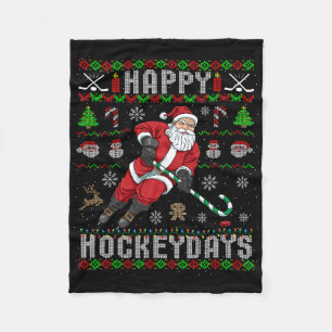 Ice Hockey Ugly Christmas Santa Claus Happy Hockey Fleece Blanket