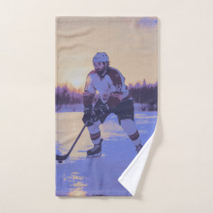 Ice Hocky Player at Sunrise Hand Towel