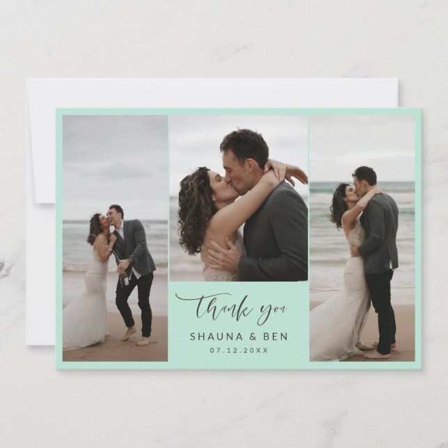 Ice Mint Lined Back 3 Photos Wedding Thank You Card (Front)