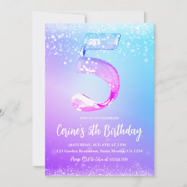 Ice number white glitter Girl 5th Birthday Invitation (Front)