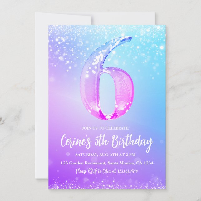 Ice number white glitter Girl 6th Birthday  Invitation (Front)