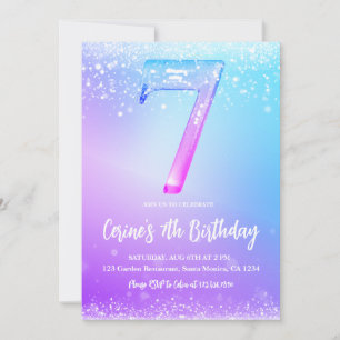 Ice number white glitter Girl 7th Birthday  Invitation