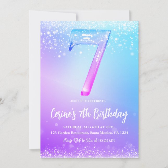 Ice number white glitter Girl 7th Birthday  Invitation (Front)