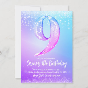 Ice number white glitter Girl Nine Birthday Invitation