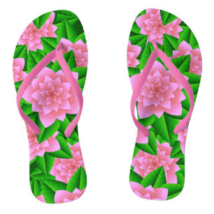 Ice Pink Camellias and Green Leaves Flip Flops