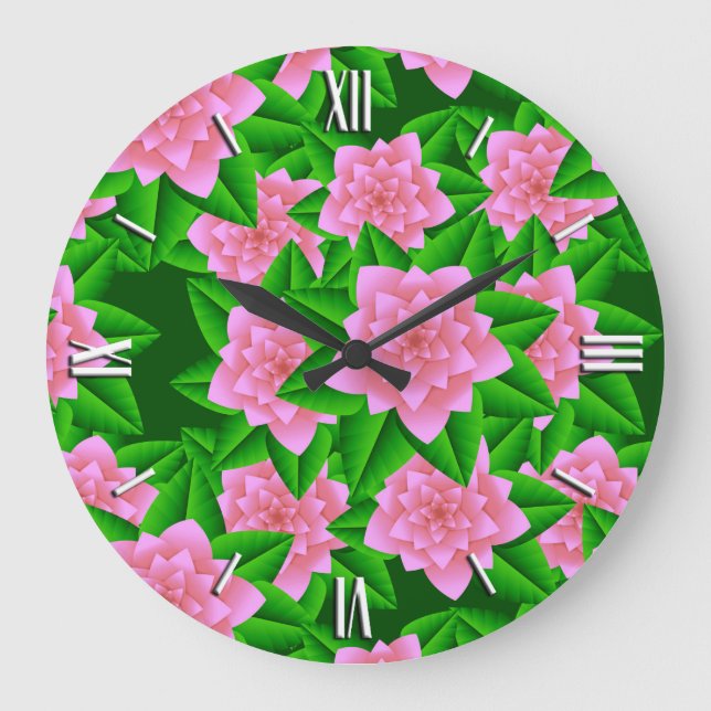 Ice Pink Camellias and Green Leaves Large Clock (Front)