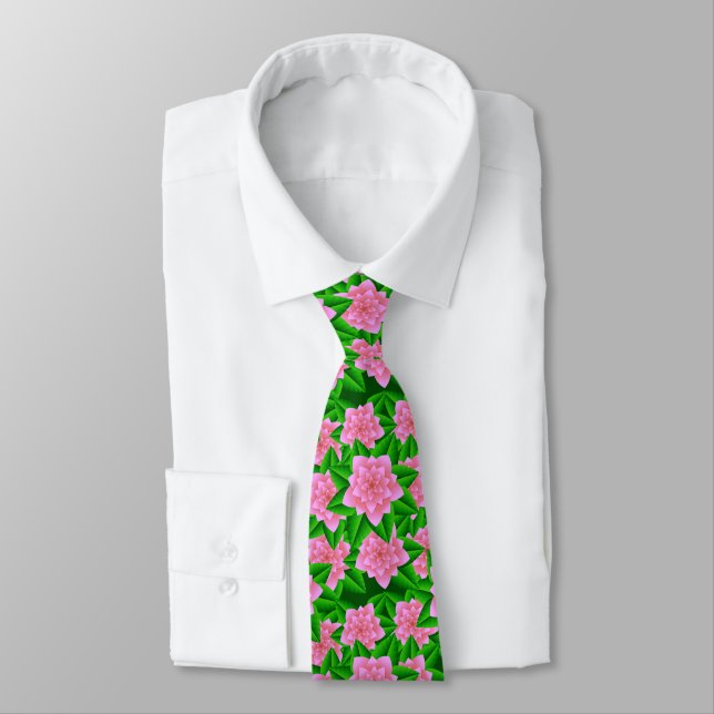 Ice Pink Camellias and Green Leaves Tie (Tied)