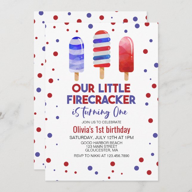 Ice Pops Firecracker Red White Blue 1st Birthday Invitation (Front/Back)
