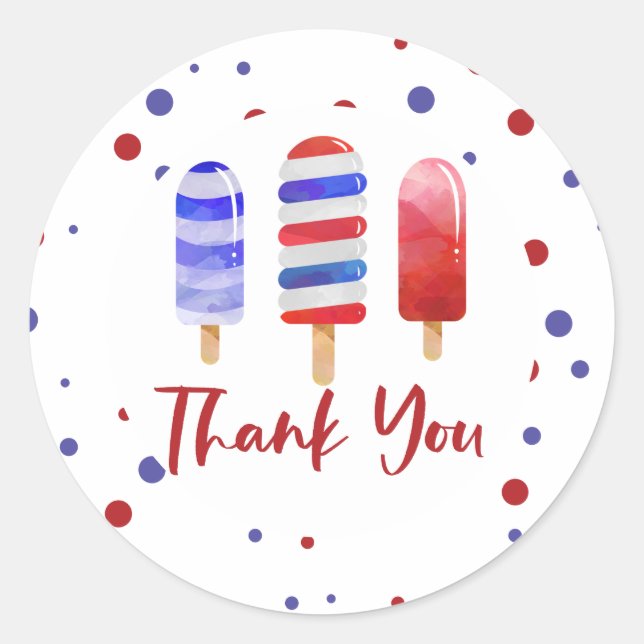Ice Pops One Red White Blue Thank You Classic Round Sticker (Front)