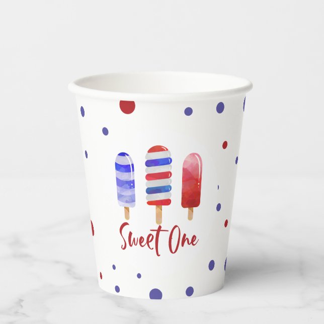 Ice Pops Sweet One Red White Blue 1st Birthday Paper Cups (Front)