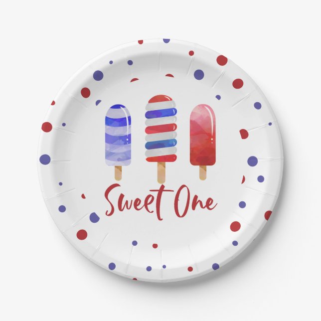 Ice Pops Sweet One Red White Blue 1st Birthday Paper Plate (Front)