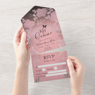 Ice Rose Pink Floral Quinceanera All In One Invita Invitation