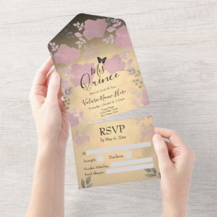 Ice Rose Pink Floral Quinceanera  All In One Invitation