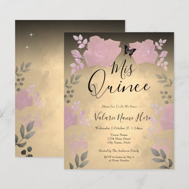 Ice Rose Pink Floral Quinceanera Budget Invitation (Front/Back)