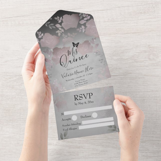 Ice Rose Silver Floral Quinceanera All In One Invi Invitation (Tearaway)