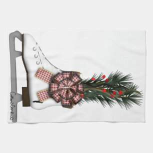 Ice Skate Christmas Decoration with Tartan Bow Tea Towel
