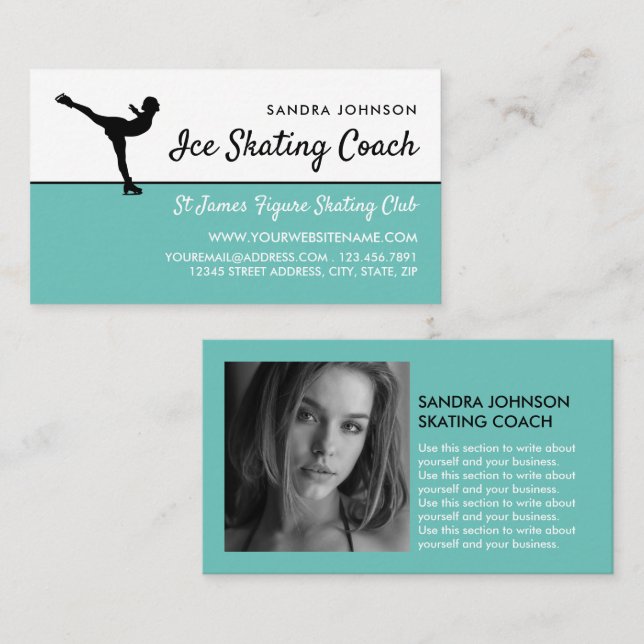 Ice Skater Silhouette, Ice Skating Coach Photo Business Card (Front/Back)