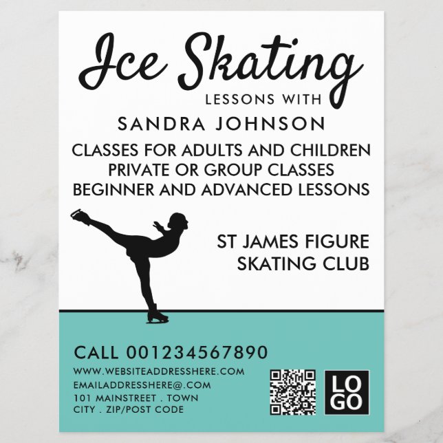 Ice Skater Silhouette, Ice Skating Lesson Advert Flyer (Front)