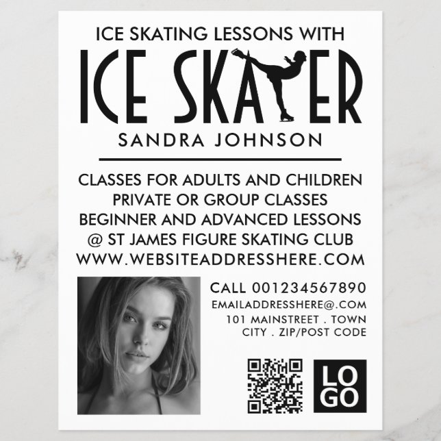 Ice Skater Silhouette Logo, Skating Lesson Advert Flyer (Front)