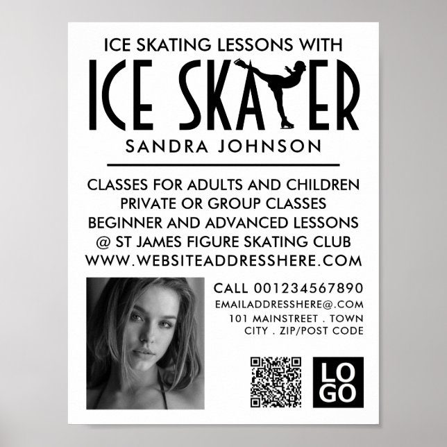 Ice Skater Silhouette Logo, Skating Lesson Advert Poster (Front)