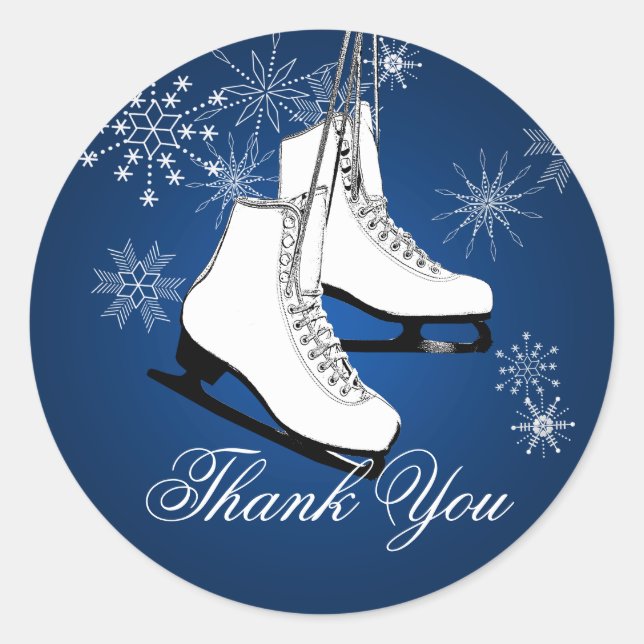 Ice Skates and Snowflakes Blue Classic Round Sticker (Front)