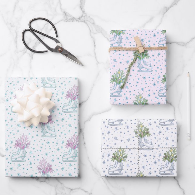 Ice Skates and Snowflakes Christmas Wrapping Paper Sheet (Front)