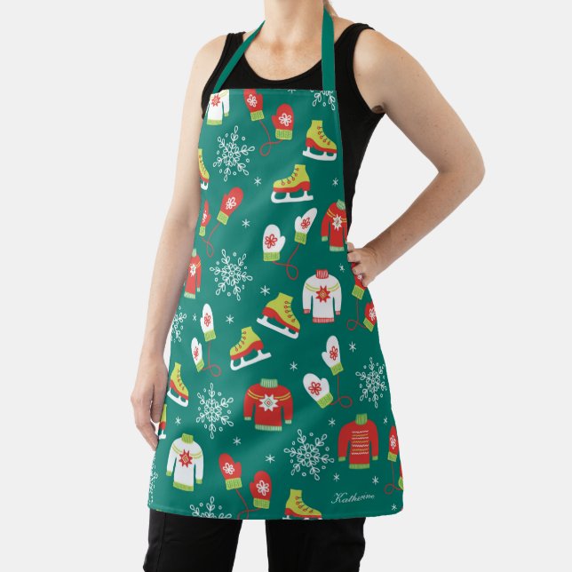 Ice Skates and Snowflakes Teal Monogram Pattern Ap Apron (Insitu)