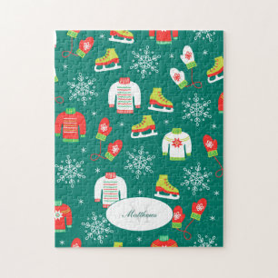 Ice Skates and Snowflakes Teal Monogram Pattern Jigsaw Puzzle