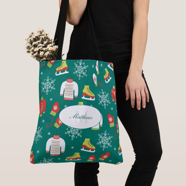 Ice Skates and Snowflakes Teal Monogram Pattern Tote Bag (Close Up)