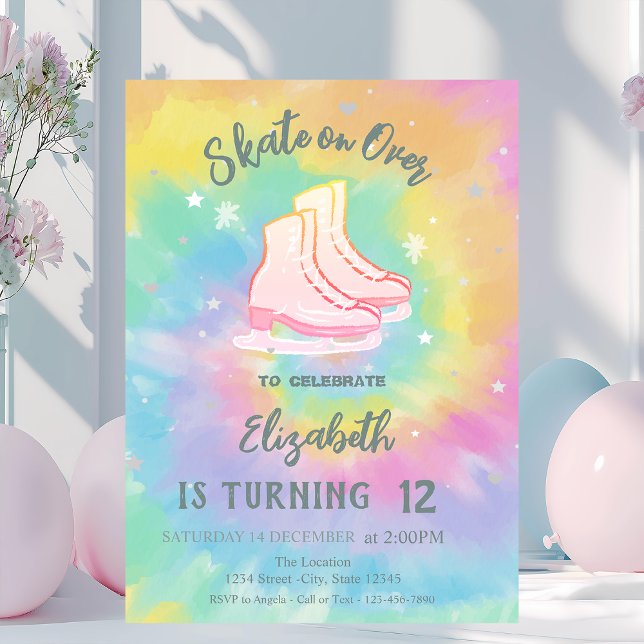 Ice skates Colorful Tie Dye Birthday Invitation (Creator Uploaded)